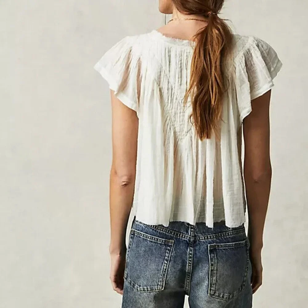 Free People FP One Padma Top Ivory V Neck Flutter Sleeve S